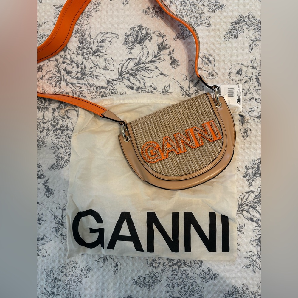 NWT GANNI orange rafia and leather purse with long strap